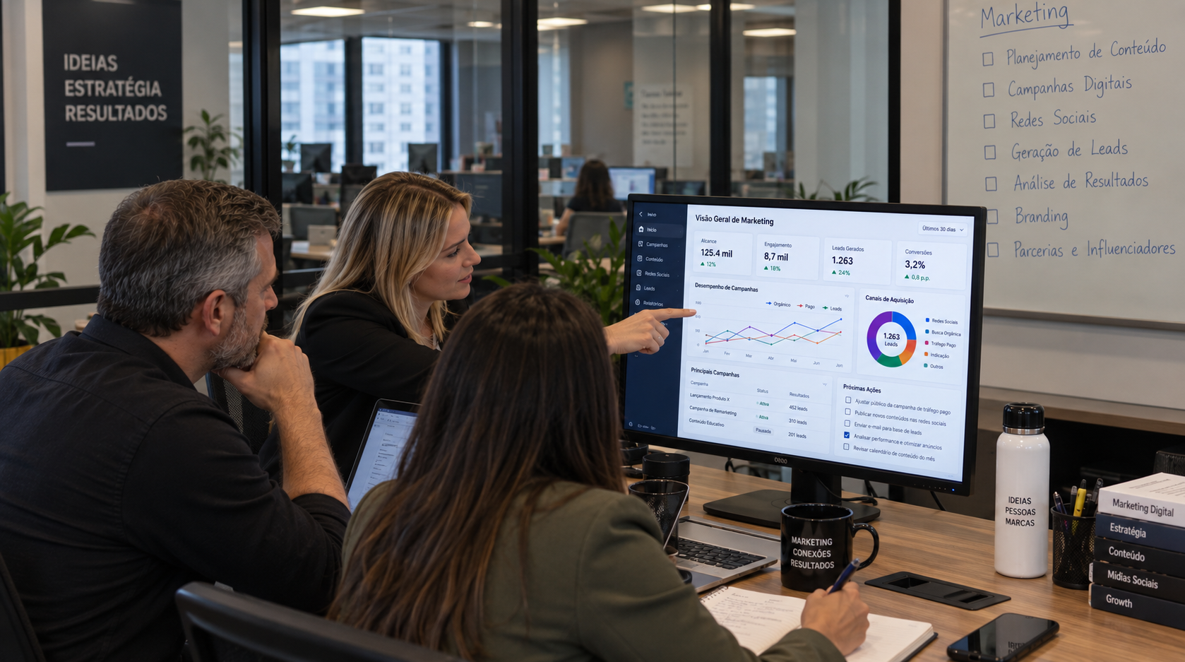 Equipe de marketing e vendas analisando campanhas e resultados com agentes de IA.