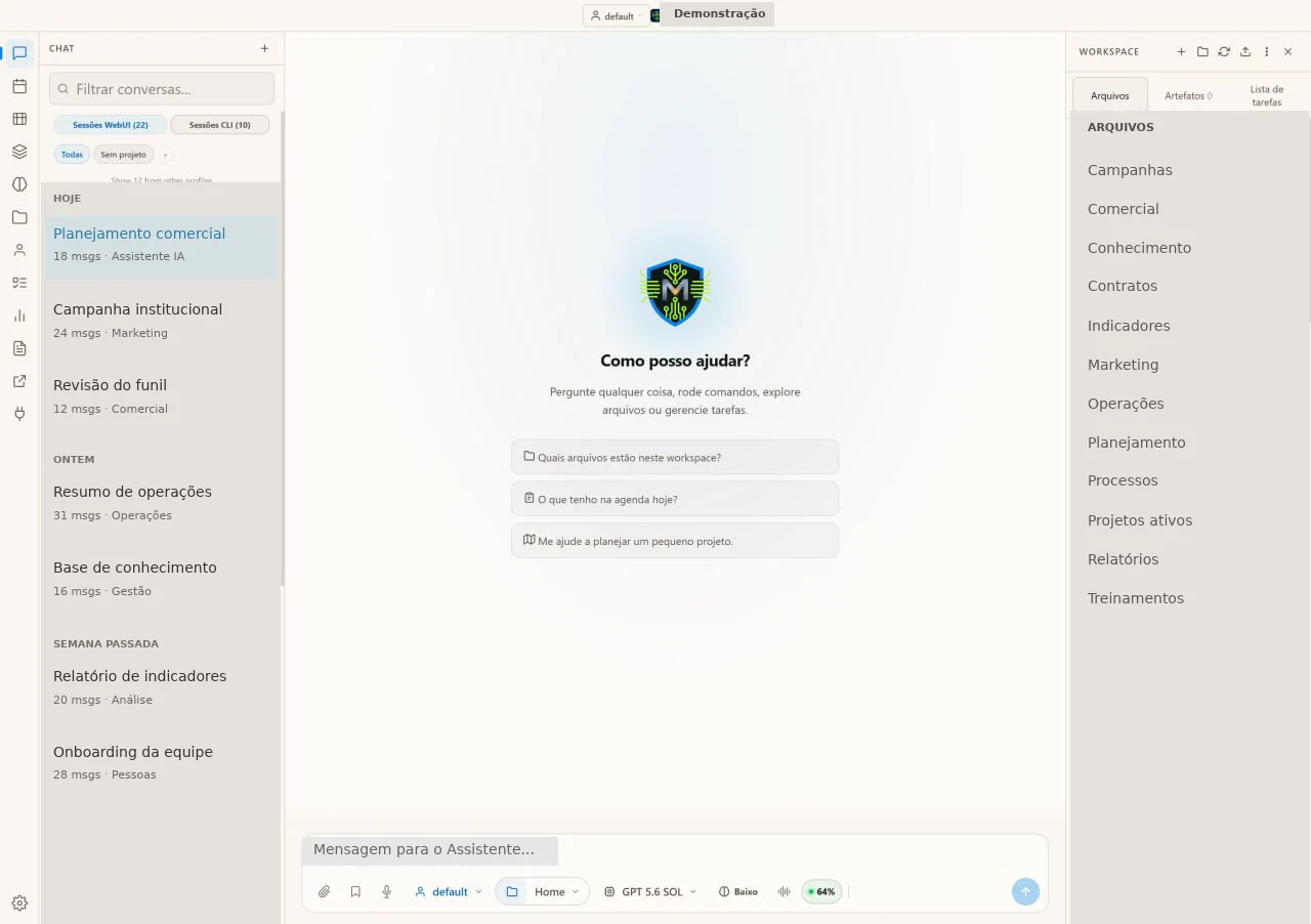 Interface completa do MultiIA Assistentes preenchida com dados demonstrativos fictícios
